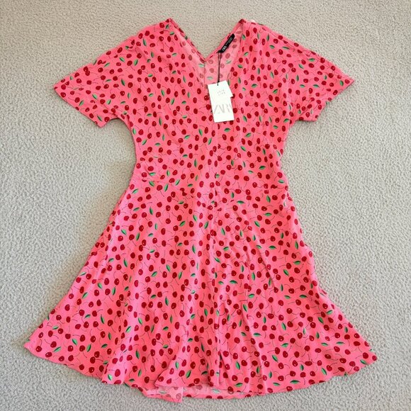 Zara Pink Cherry Dress Cherries All Over Print Retro Pinup - Picture 15 of 16